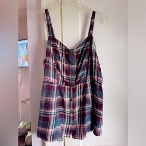 Torrid, Fit and Flare Rayon Twill Button Front Tank, Purple Plaid, Size 1